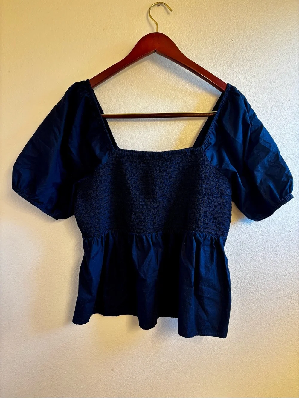 LOFT Navy Square-Neck Cotton Smocked Peplum Puff Sleeve Top Size Large